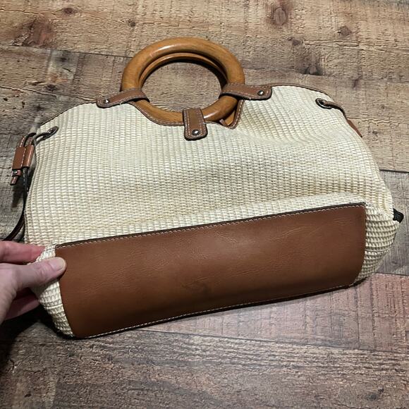 Y2K Fossil Brown Woven Straw Wooden Round Handles Satchel Purse Bag - Picture 3 of 8